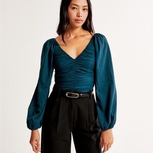 NWT - Abercrombie & Fitch Long Sleeve Sheer Cotton Cinched Top in Teal.